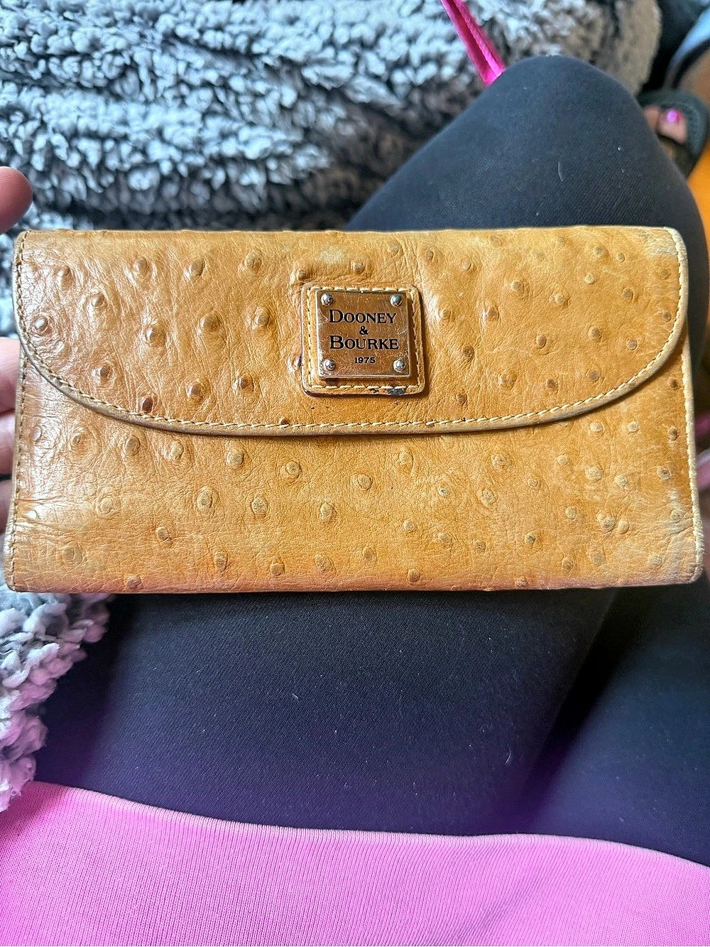 Dooney & Bourke Ostrich Leather Continental Clutch Wallet Brown & Red